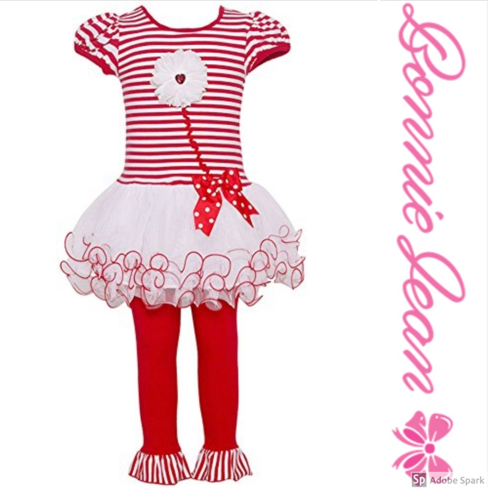 Bonnie Baby Girl Flower Tutu Dress Legging Set‎ Outfit Red White Size 3-6 Mo New